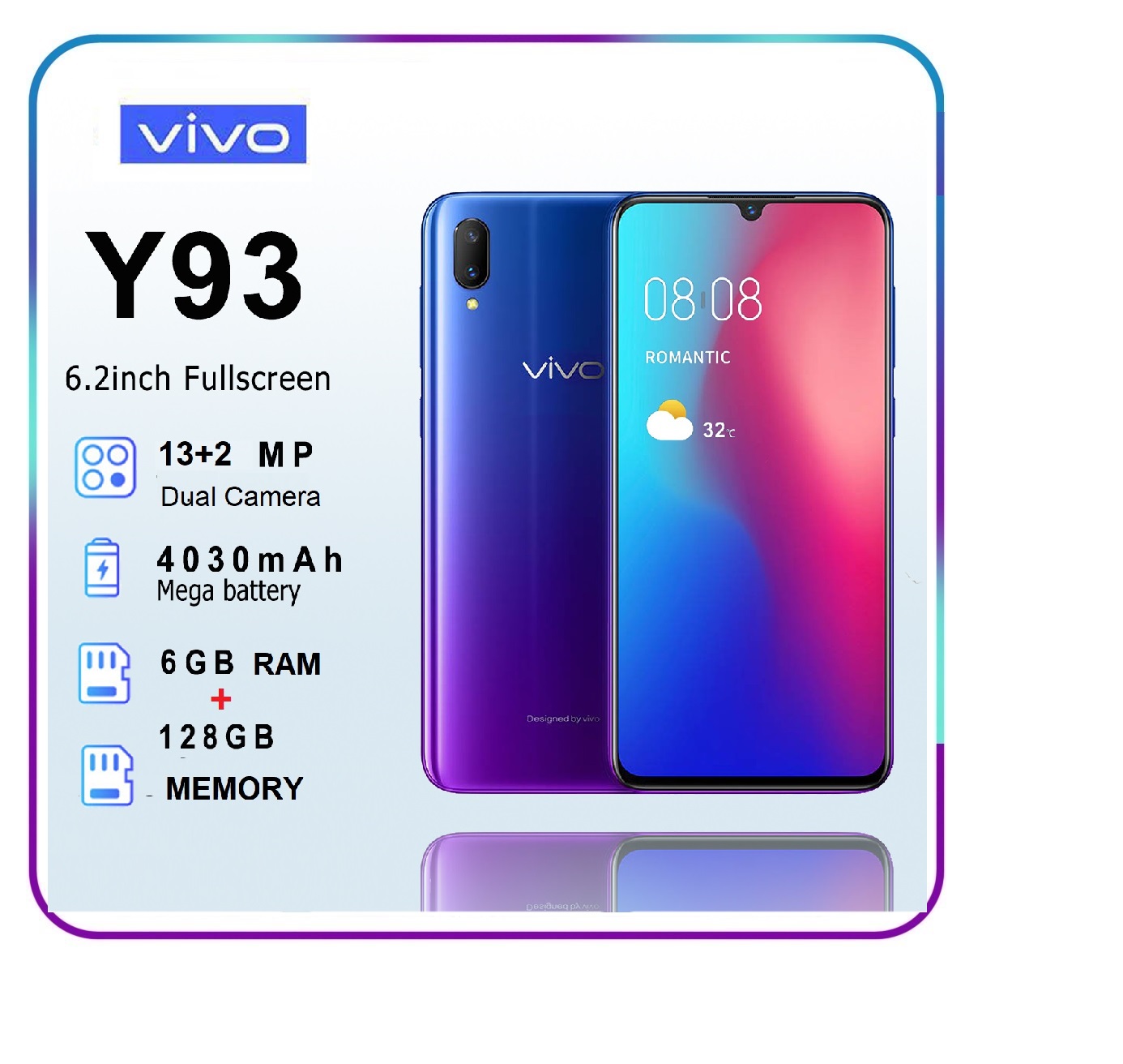 Vivo Y93 සීල් පැක් (6GB+128GB) 6.22 Dis 13MP ද්විත්ව කැමරා ස්මාර්ට් දුරකථනය 4G LTE ( නොමිලේ ආරෝපණය + දත්ත කේබල් + ටෙම්පර්ඩ් ග්ලාස් + ඉයර්ෆෝන් සහ පිටුපස කවරය ). 