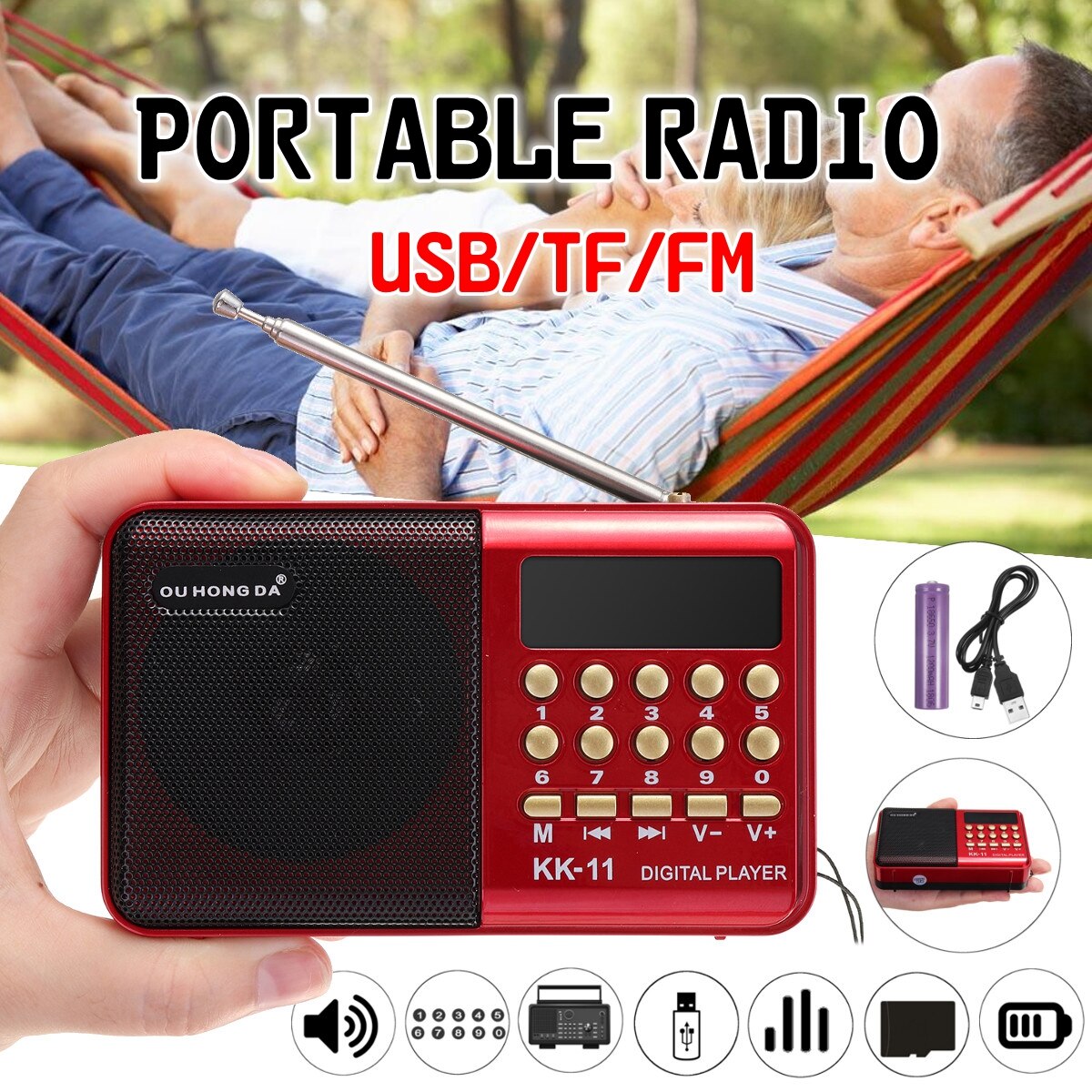 Rechargeable FM Radio with USB/SD Card, Micro SD, Earphone Jack, 3W Power Output, Loud Portable Speaker. 
