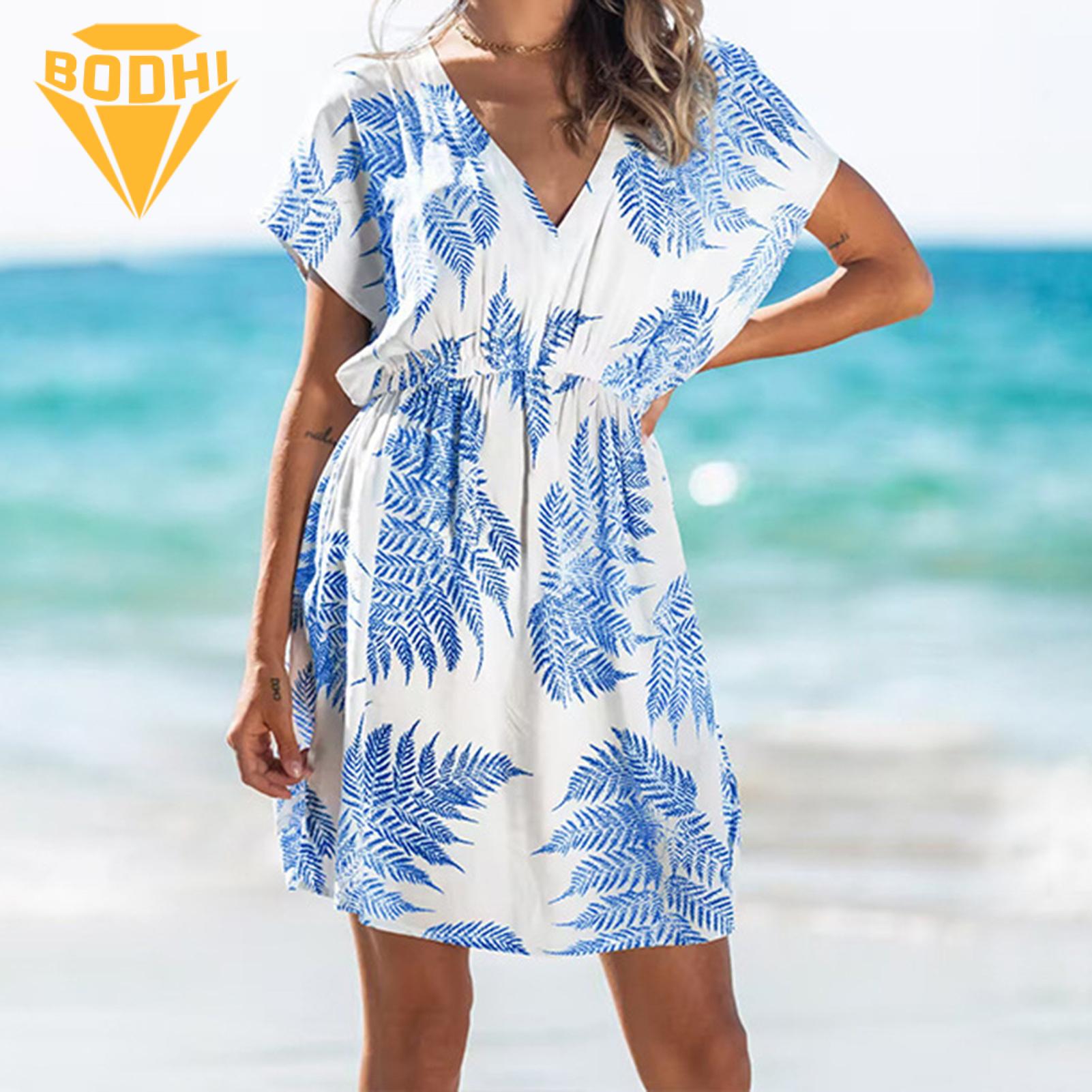 Women Swim Cover-up Leaf Print V Neck Beach Dress for Women Quick Dry Vacation Cover-up Breathable Beach Dress. 