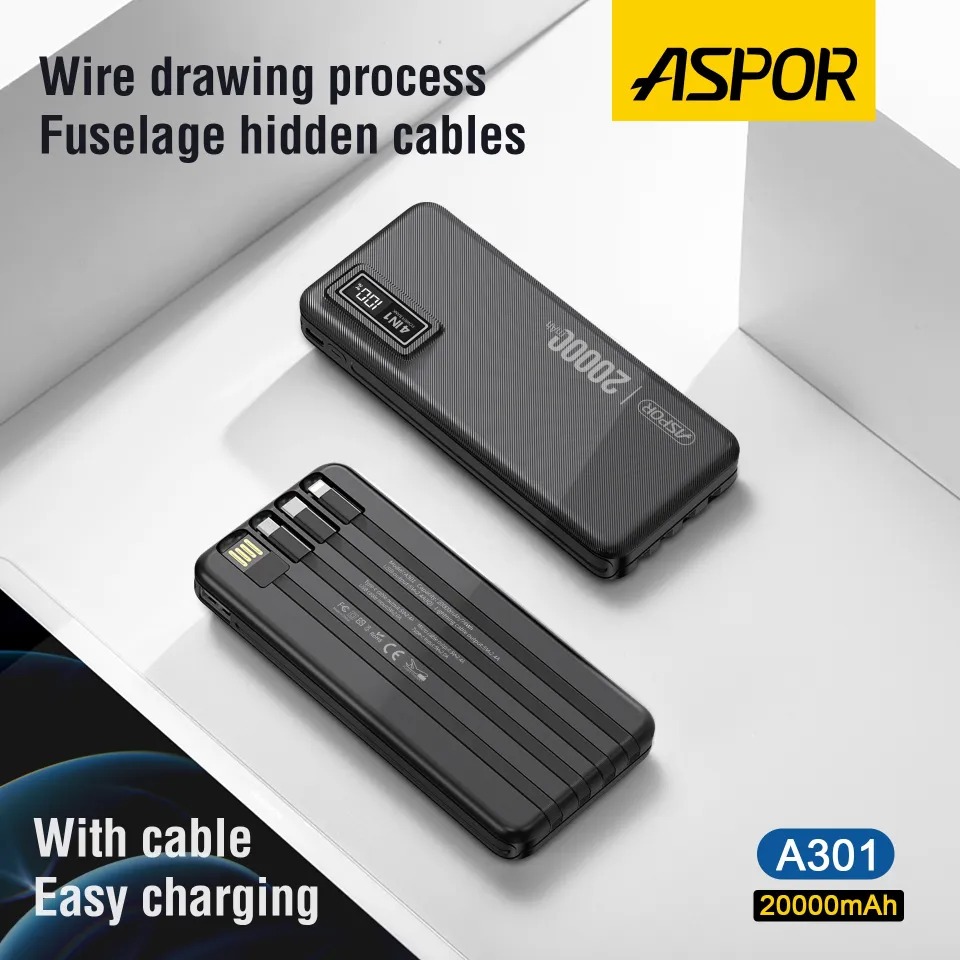 Aspor 10000mAh 4 in 1 Power Bank A300 Built-in Micro/Type-C/Lightning/USB 4 in 1 Cables Portable Charger