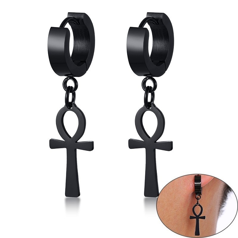 Vintage Cross Egypt Ankh Earrings for Men Jewelry Black Silver and Gold Tone Stainless Steel Egyptian brincos. 