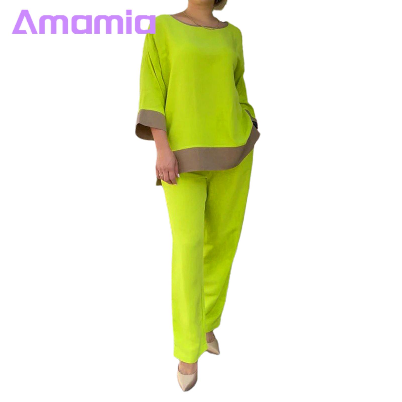 Women Top Pants Suit Stylish Women's Contrast Color Top Pants Set Casual Loose Blouse with Wide Leg Trousers Perfect for Fashionistas Three Quarter S ves T-shirt. 