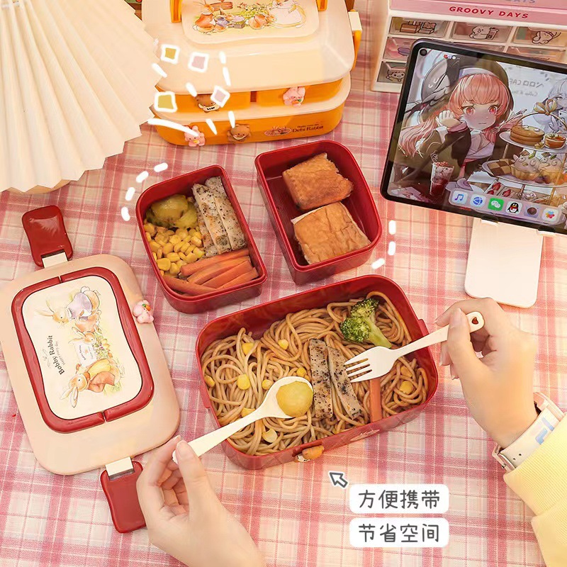 Portable Food Grade Large Capacity Lunch Box Bento Box Japanese Student with Cover Double Layer Plastic Microwaveable Heating