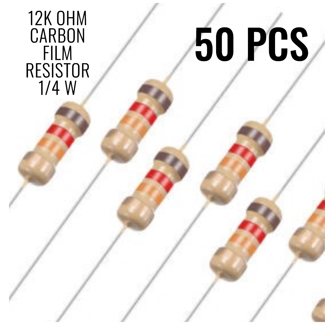 50Pcs - 12K Ohm Carbon Film Resistor 1/4 W Resistance 0.25 Watt 4 Color Band High Quality For DIY. 