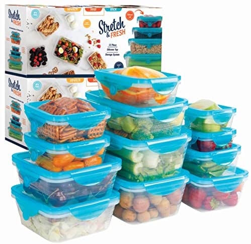 12pcs STRETCH and FRESH by Emson Silicone Food Storage Containers Airtight Lids for Solid Food and Leak-Proof for Soups and Sauces, Freezer-Safe BPA-Free Stackable Meal Prep Container. 