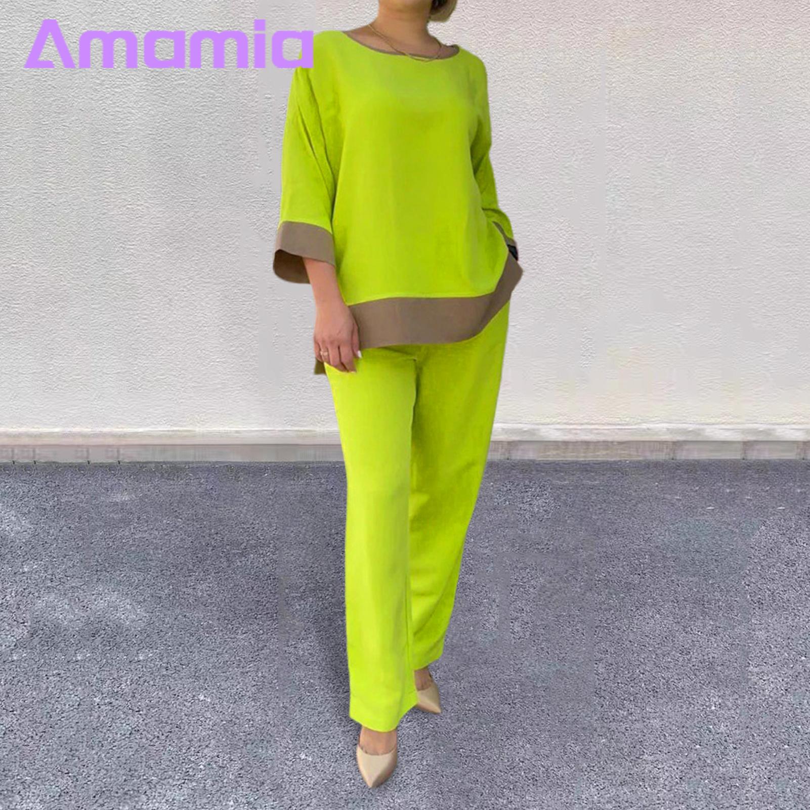 Women Top Pants Suit Stylish Women's Contrast Color Top Pants Set Casual Loose Blouse with Wide Leg Trousers Perfect for Fashionistas Three Quarter S ves T-shirt. 