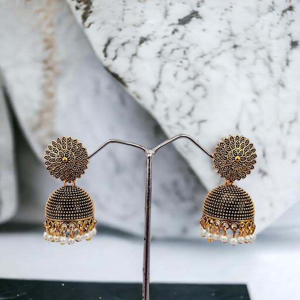 ESH Black gold flower theme Fashion Bollywood Traditional Indian beautiful jimmiki earring with white pearl beaded for women and girl. 