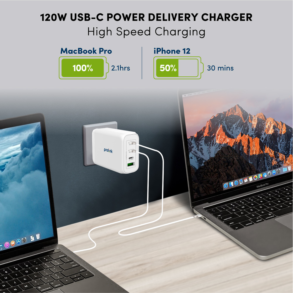Prolink PTC412001 120W PPS PD GaN Fast Wall Charger Intellisense with Power delivery- Macbook Pro charger, Laptop charger USB-C adapter, iPhone 14, Samsung s22 Lenovo, Nintendo. 