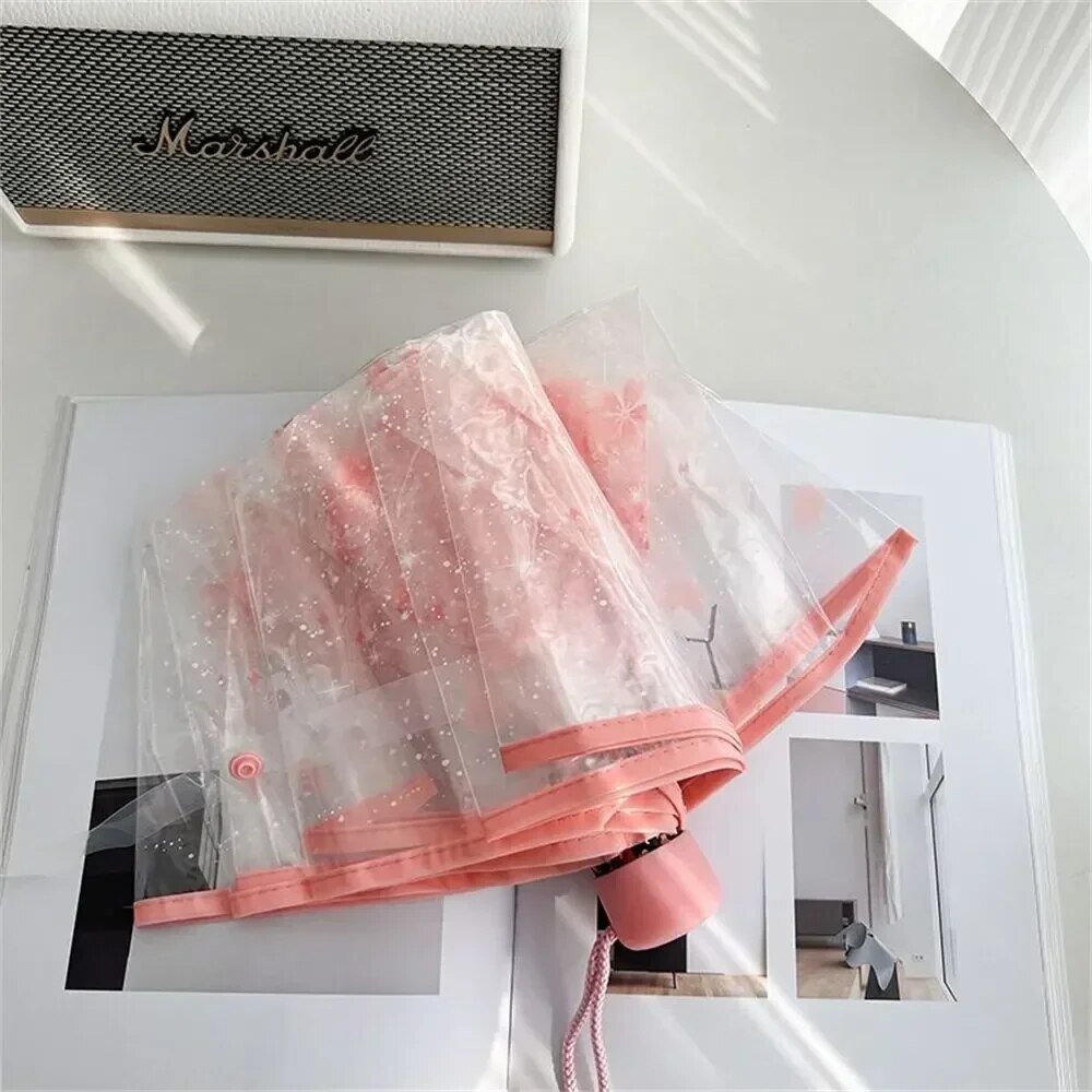 Korean Umbrella Folding Cute Korean Mini Fresh Simple Sen Series Trifold Cherry Blossom Transparent Japanese Umbrella. 
