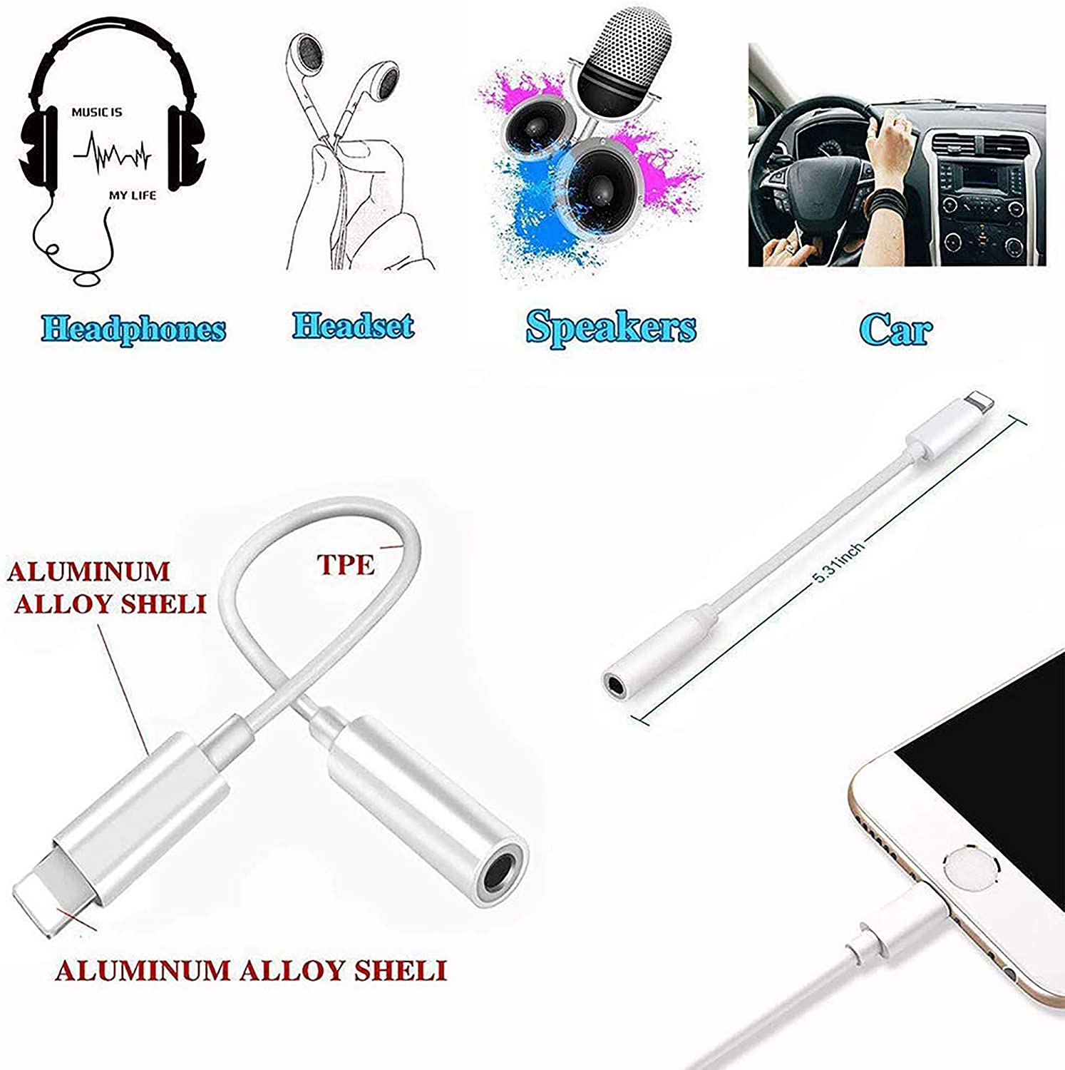 Lightning to 3.5mm Headphone Jack Adapter for iPhone X,Xs,Xs max,11,12, 8,7, 6 Plus. 