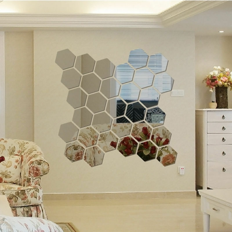 【BestGO】12pcs 3D Mirror Hexagon  Sticker Dinding Model Vinyl Removable Wall Sticker Decal Home Living Room Decor