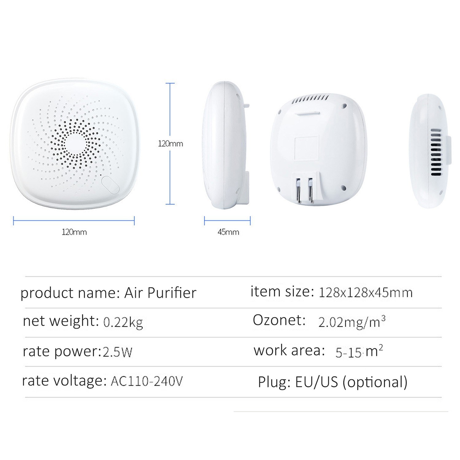Two in one plug-in mini air purifier ozone deodorization. 