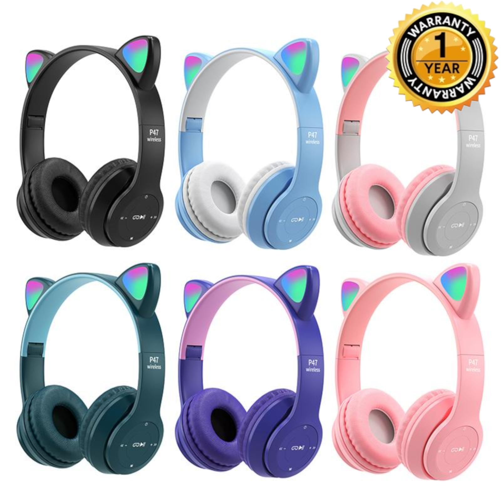 Wireless P47M Headphones Cat Ear LED Light Up Bluetooth-compatible Foldable earphones Over Ear Microphone for Online Distant Learning P47M Cat Ear Bluetooth Headset Wireless Headphone With Mic Noise Cancelling Stereo Music Helmet Phone Headset. 