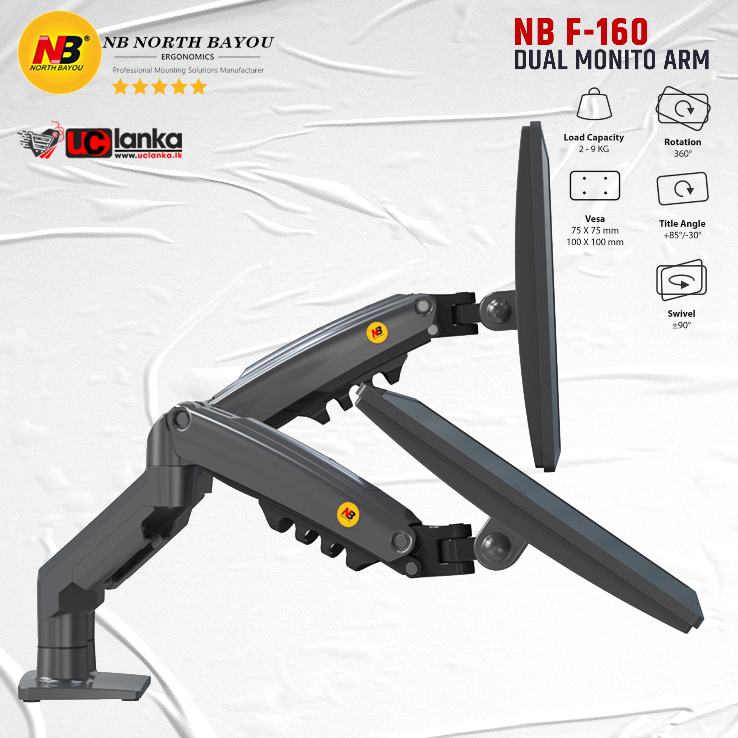 NB F160 Dual Monitor Arm Gas Spring 360 Degree Desktop 17"-30" Ergonomic Dual Arm Monitor Mount Bracket. 