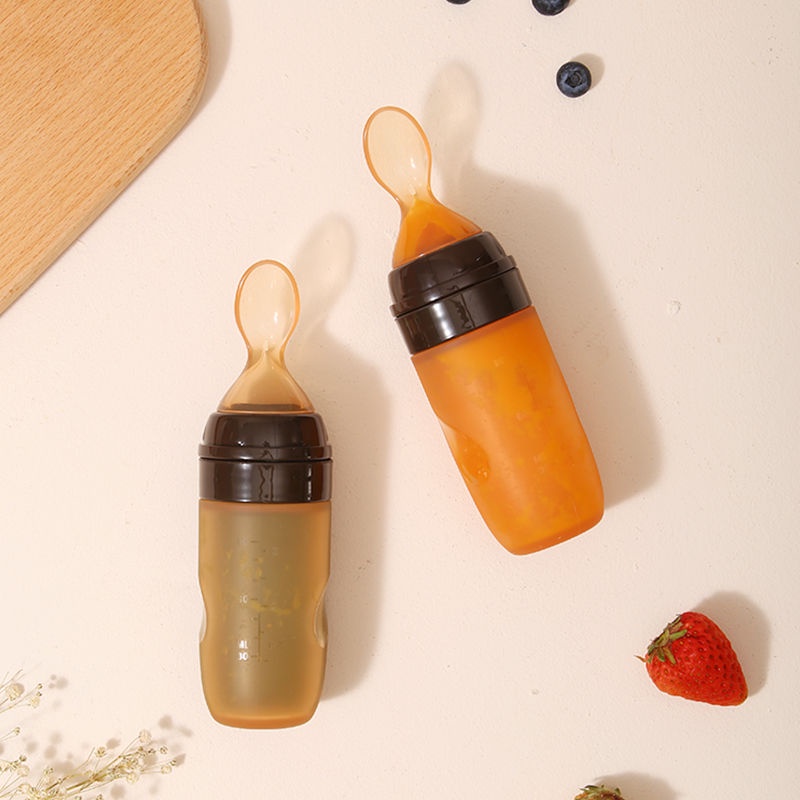 Rice Paste Spoon Baby Tools Drop-Resistant Large Capacity Choke Proof Silicone Baby Spoon Feeding Bottle Baby Food Supplement Squeeze Full Set. 