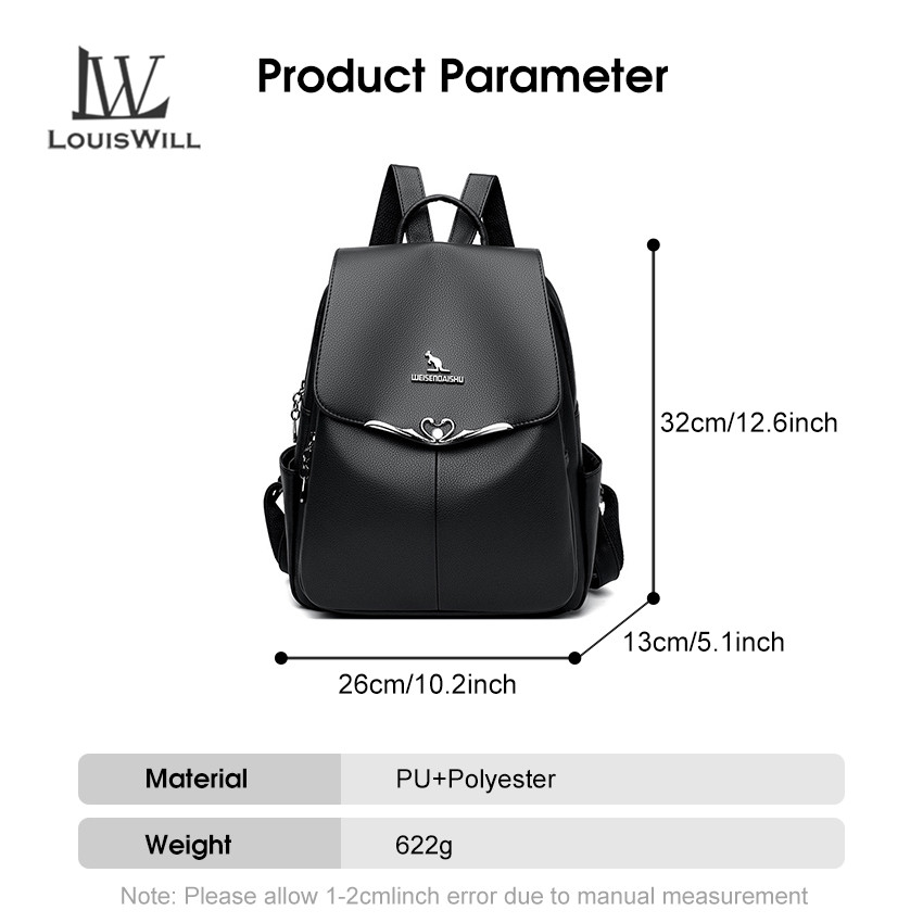 LouisWill Women’s Backpack Shoulders Bag Waterproof PU Large Capacity Backpack Lightweight Laptop Backpack Casual Zipper Packs Multiple Pockets For Girls Teens Women’ Fashion. 