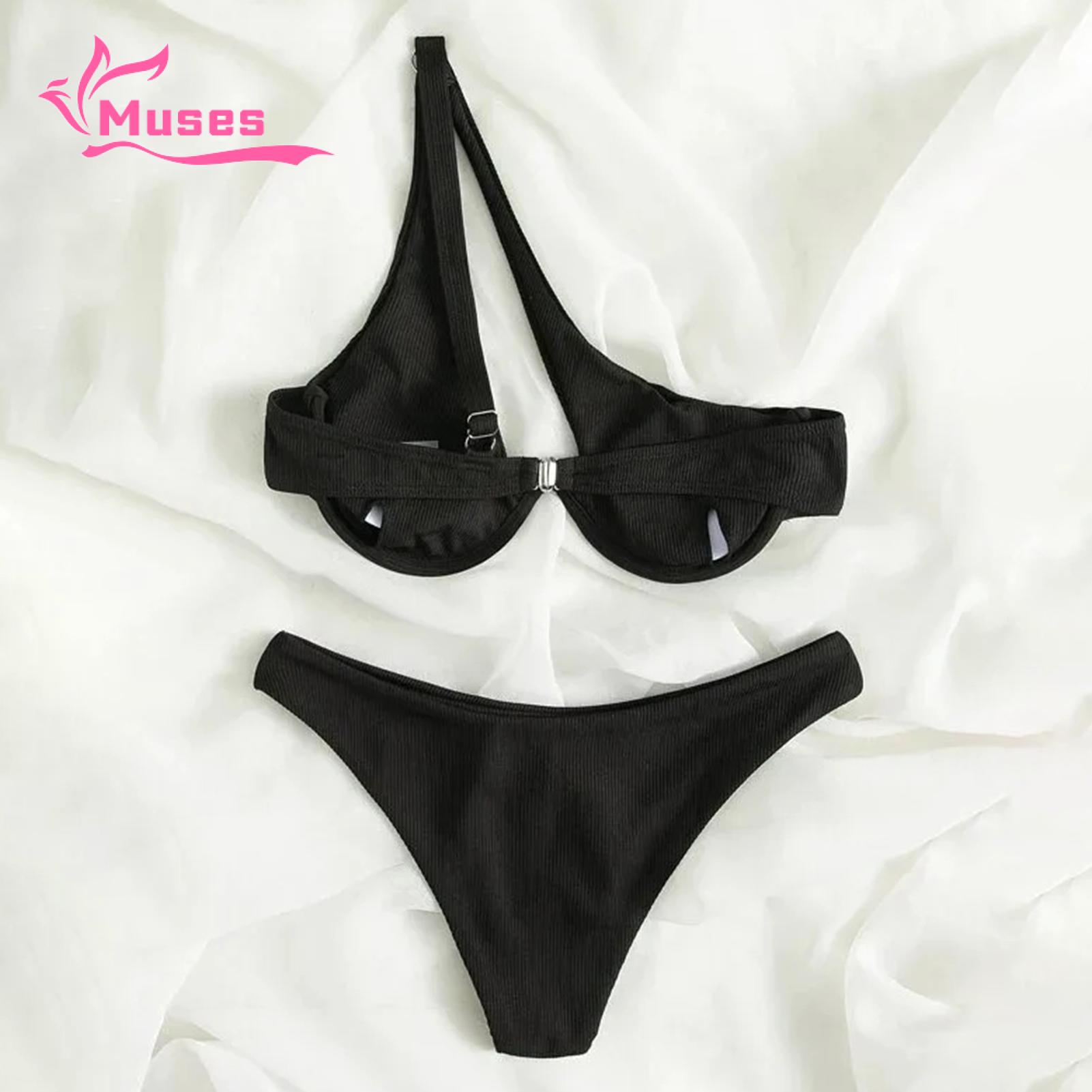 Muses Mall Women One-shoulder Bikini 2pcs Women Color Block One-shoulder Bikini Set High Waist Briefs Beachwear