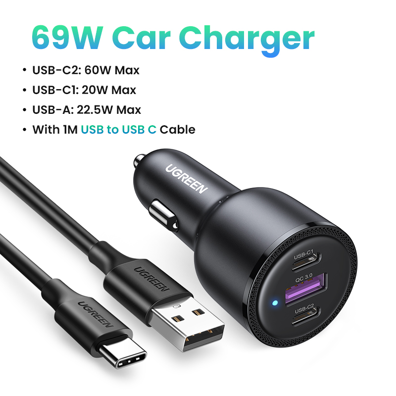 UGREEN PD 69W Super Car Charger Type C USB A for iPhone 15 pro max 14 Pro max Huawei SAMSUNG S24 S23 S22 Realme Fast Car Charger. 