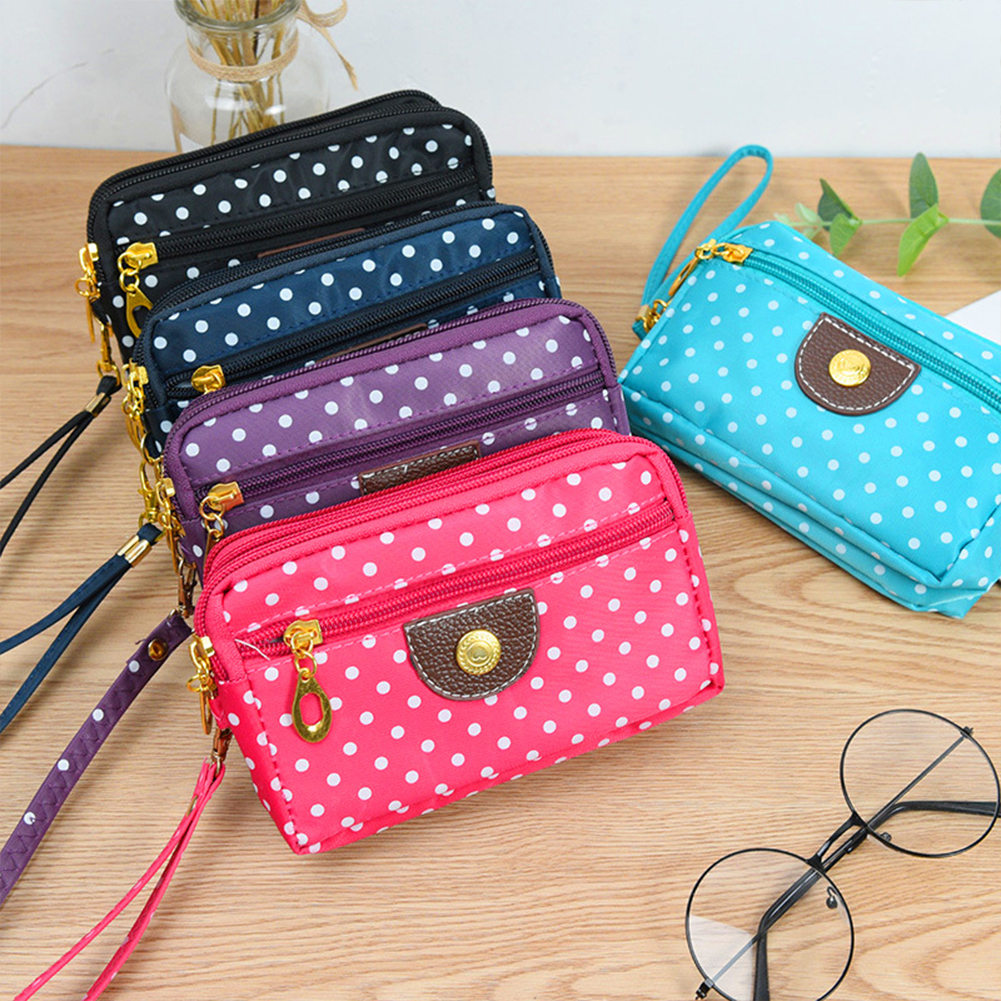 Yfashion women canvas handbag 3 layers zipper dot printing wallet color mobile phone case. 