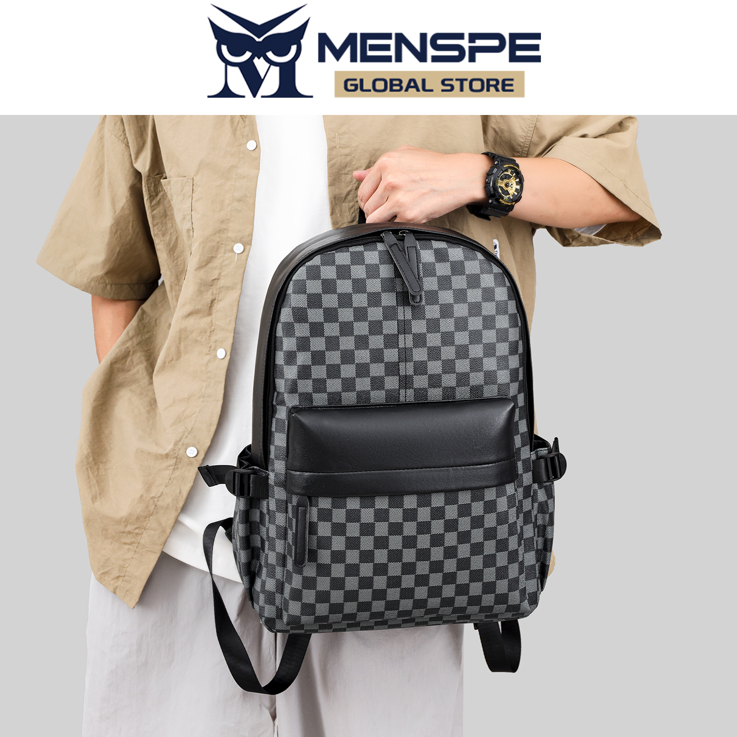 MENSPE Fashion Men’s Backpack Laptop Backpack Soft PU Backpack Business Travel Bag Waterproof Backpack Grid Pattern Design College Commuting Backpack Leisure School Bag For Travel Study Business. 