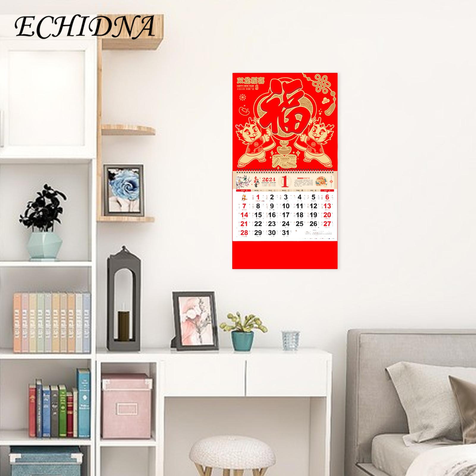 Year of the Dragon Wall Calendar 2024 Red Chinese New Year Wall Calendar Double Coil Tearable Monthly Ornament for Home Office Lunar Dates Wall Calendar. 