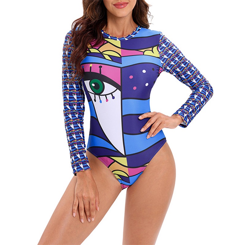Women's One-Piece Swimsuit, 3D Print Long Sleeve Round Neck Hollow Out Back Bathing Bodysuit. 