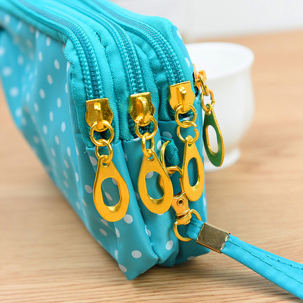 Yfashion women canvas handbag 3 layers zipper dot printing wallet color mobile phone case. 