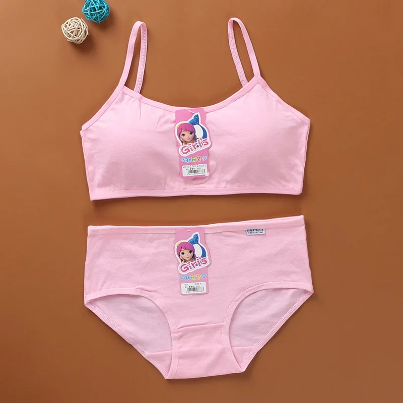 Puberty Girls Bra And Panty Sets Teenage Girls Cotton Padded Training Bra+Panties Kids Sports Bra. 