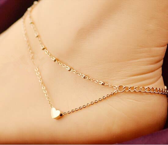 Double Heart Beach Anklet for Women Zinc Alloy Adjustable Fashion Jewelry 22cm Plus Extension. 