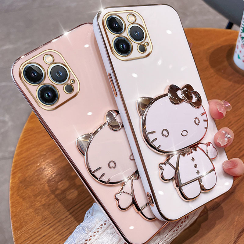 For Samsung Galaxy A05 A05s A04 A04e A04s Back Cover with Cute Cat Makeup Mirror Stand Bracket Luxury 6D Plating Shiny Bling Case Square Edge Soft Silicone Mobile Phone Cases Pouch Girls. 