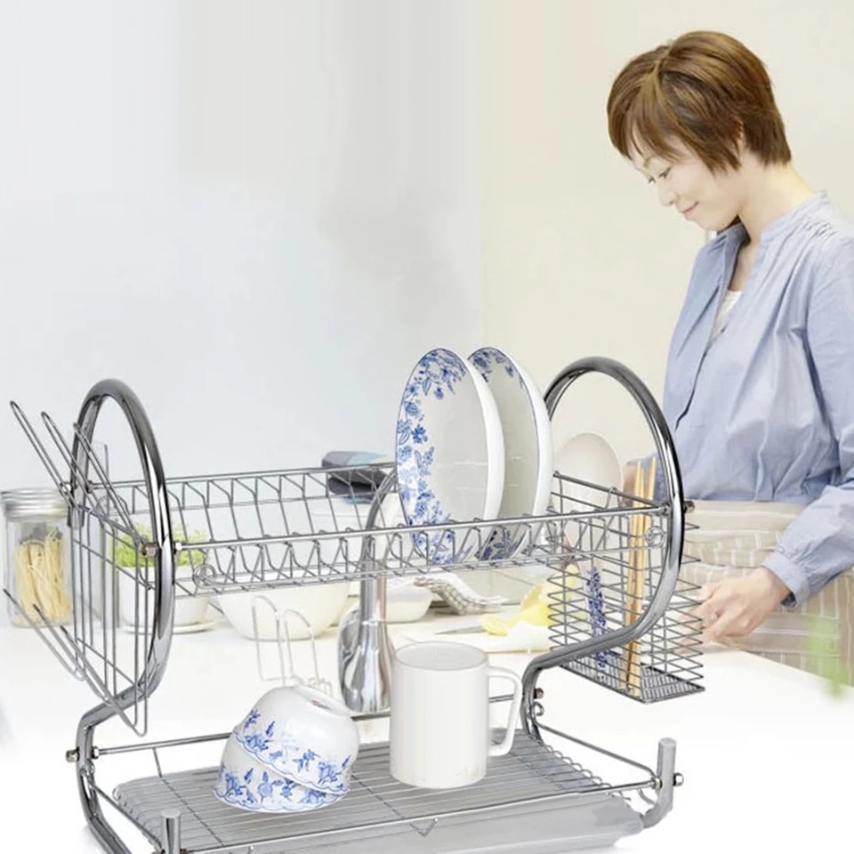 Dish Rack Cup Plate Drainer Strainer Stainless Steel Kitchen Drainer with Glass Holder - Silver Large Dish Drying Rack Cup Drainer 2-Tier Strainer Holder Tray Stainless Steel Kitchen Accessories