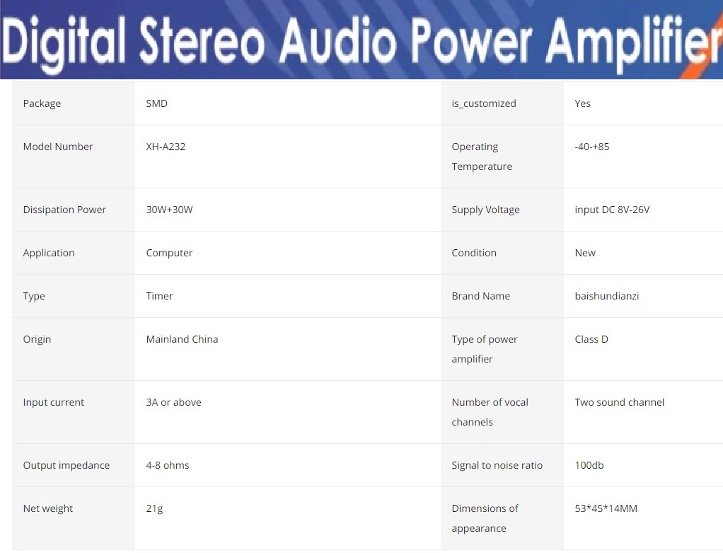 Digital Stereo Power Amplifier Board - Crystal Clear Sound Output -  TPA3110 XH-A232 30W+30W 2.0 Channel , DC 8-26V 3A C6-001. 