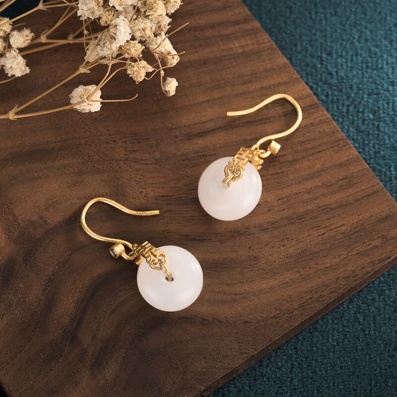 Her Lab Jewelry |18K Gold Chinese Style Hanzi Double Happiness Earrings Gold-plated Retro Court Style Inlaid White Jade Earrings Fashionable Personalized Jade Ladies Earrings. 