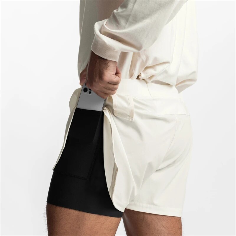 New Summer Men's Shorts 2-In-1 Double-Layer Shorts Quick-Drying Breathable Stretch Fitness Pants Jogger Gym Running Shorts. 