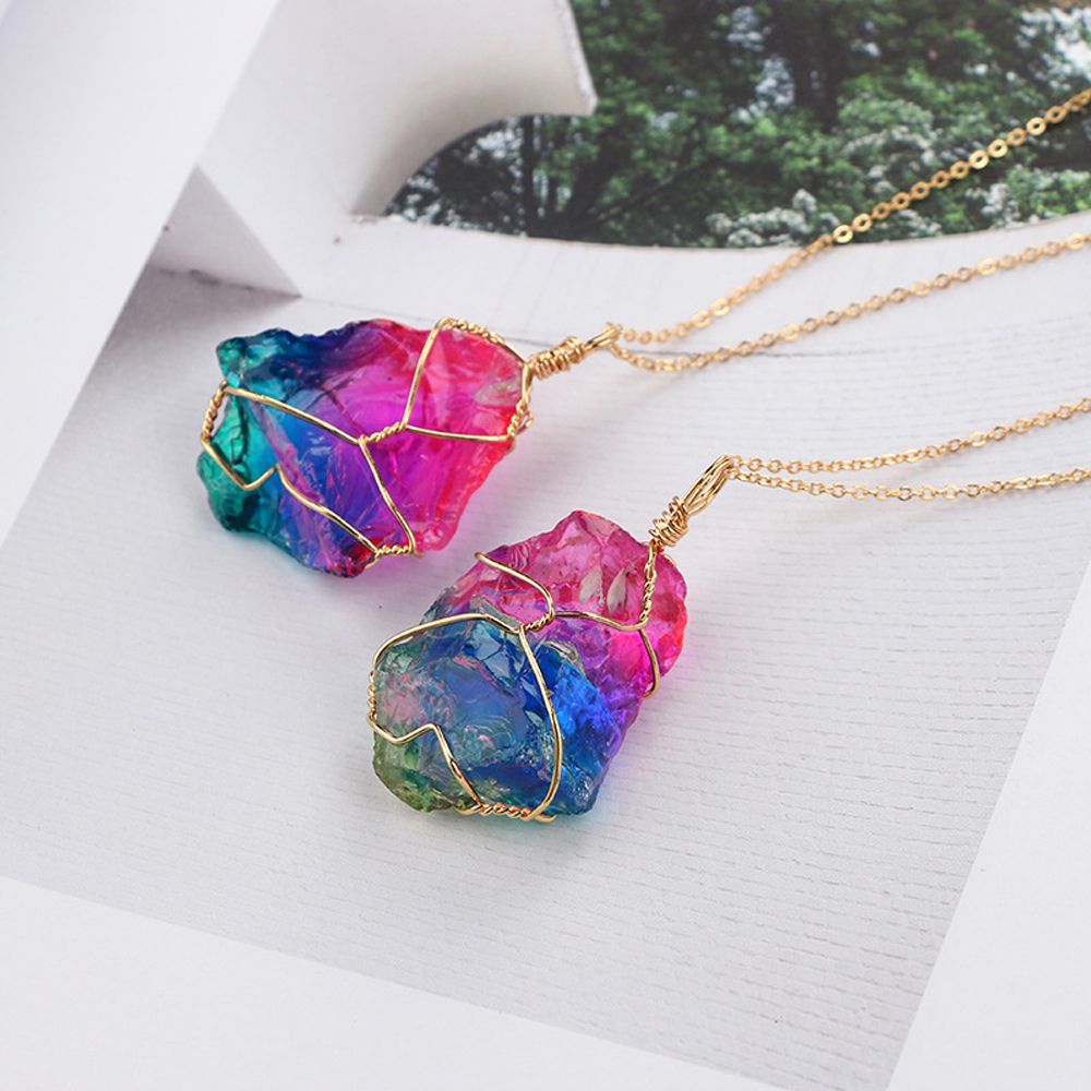 New Style Rainbow Stone Necklace Irregular Wrap Wire Natural Gem Crystal Chakra Rock Pendant Necklace Men Women Reiki Jewelry. 