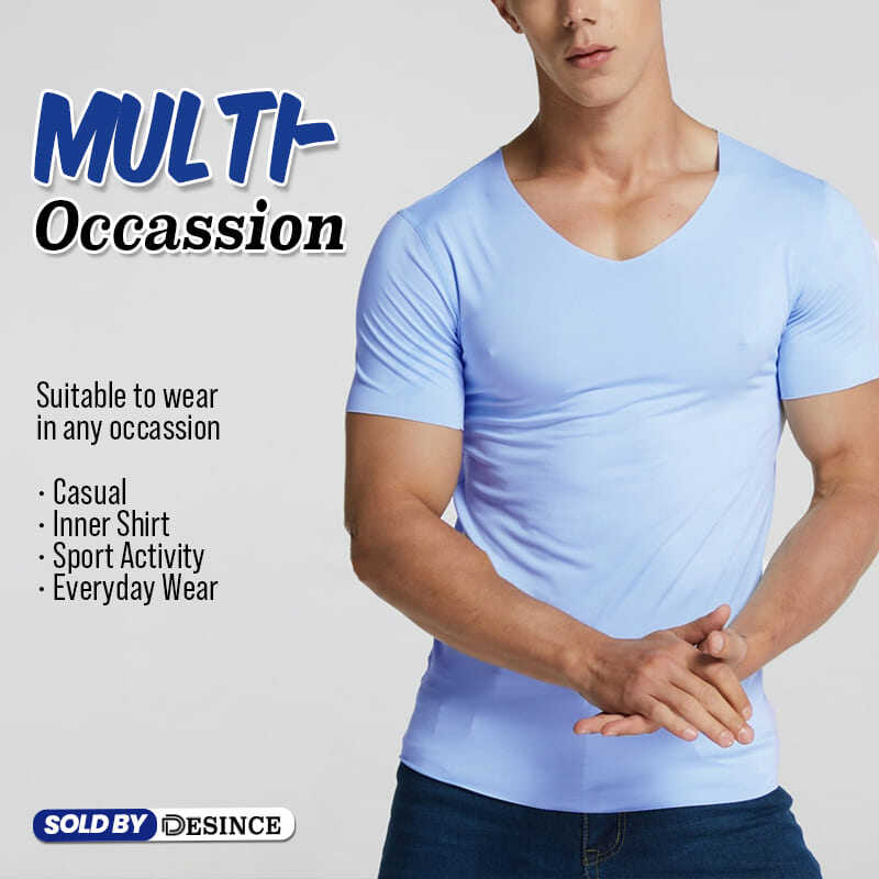 🇲🇾 DESINCE Men Ice Silk T-shirt Man Short Sleeve V-neck Tees Cooling Seamless Inner Top Baju Lengan Pendek Lelaki MT 057. 
