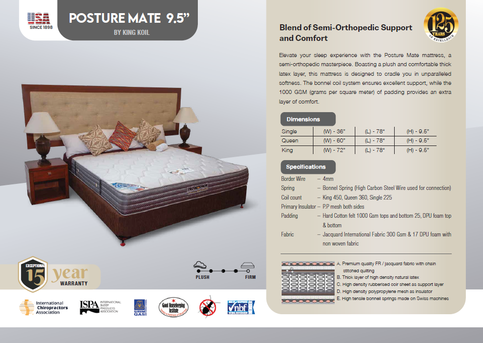 King Koil Posture Mate 9.5" - Queen Size Spring Mattress (60"x 78"x 9.5")