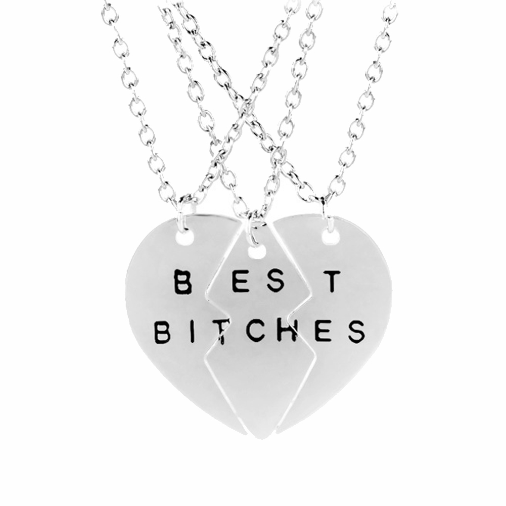 3Pcs/Set Best Bitches Letter Broken Heart Pendant Necklace Friends Jewelry Gift. 
