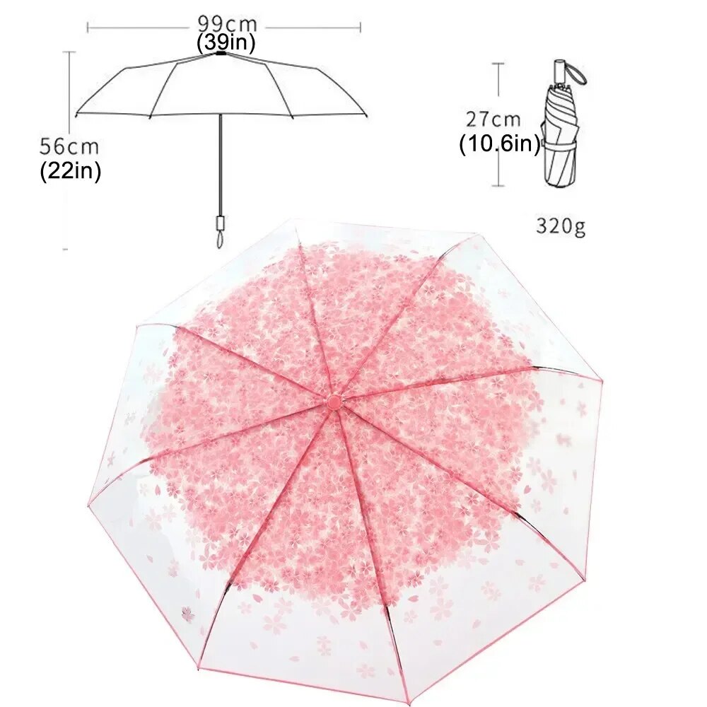 Korean Umbrella Folding Cute Korean Mini Fresh Simple Sen Series Trifold Cherry Blossom Transparent Japanese Umbrella. 