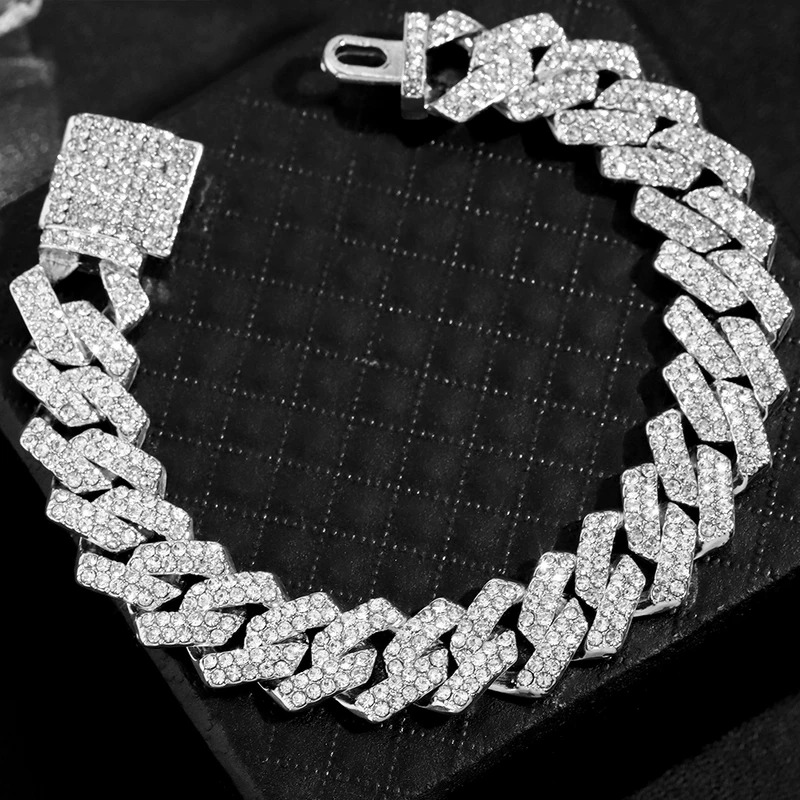 ZEBF-Fashion Bling Paved Rhinestone Prong Cuban Chain Bracelet for Women Men Hip Hop Iced Out Chunky Link Chain Bracelets New Jewelry. 
