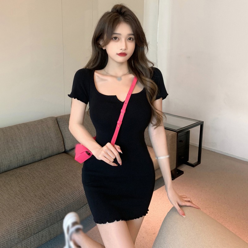 Women's Dress Square Neck Slim Sxey Korean Style Versatile Dress