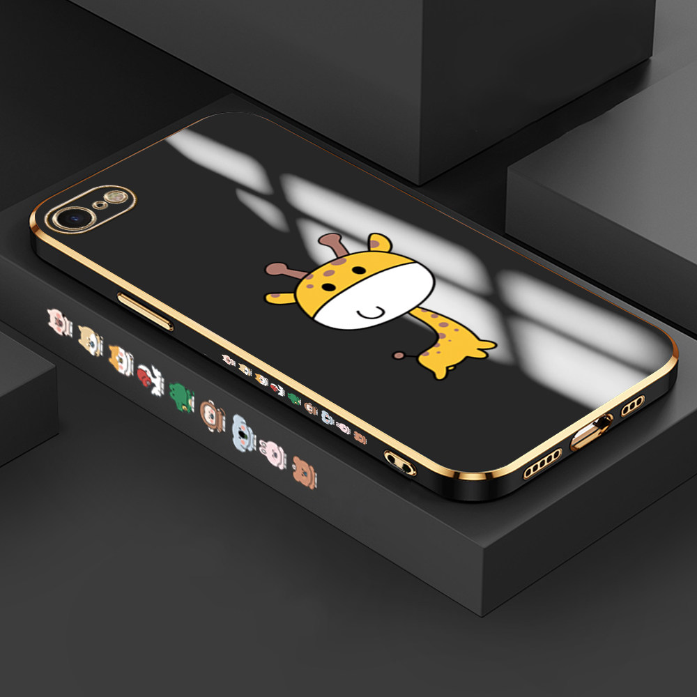 Jizetin (Free Lanyard) iPhone 8 Case Cute Cartoon Big Head Giraffe Luxury 6D Plating Soft Casing Silicone Ultra Thin Phone Cover