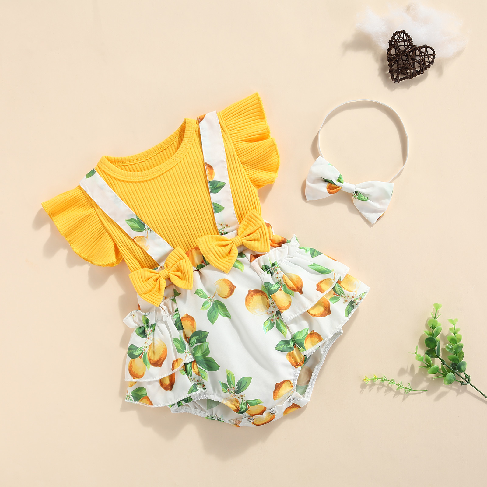 2Pcs Sweet Style Baby Girls Outfit, Toddlers Summer Floral/Lemon/Dot Printing Fly Sleeve Splicing Romper + Bow Headwear Set. 