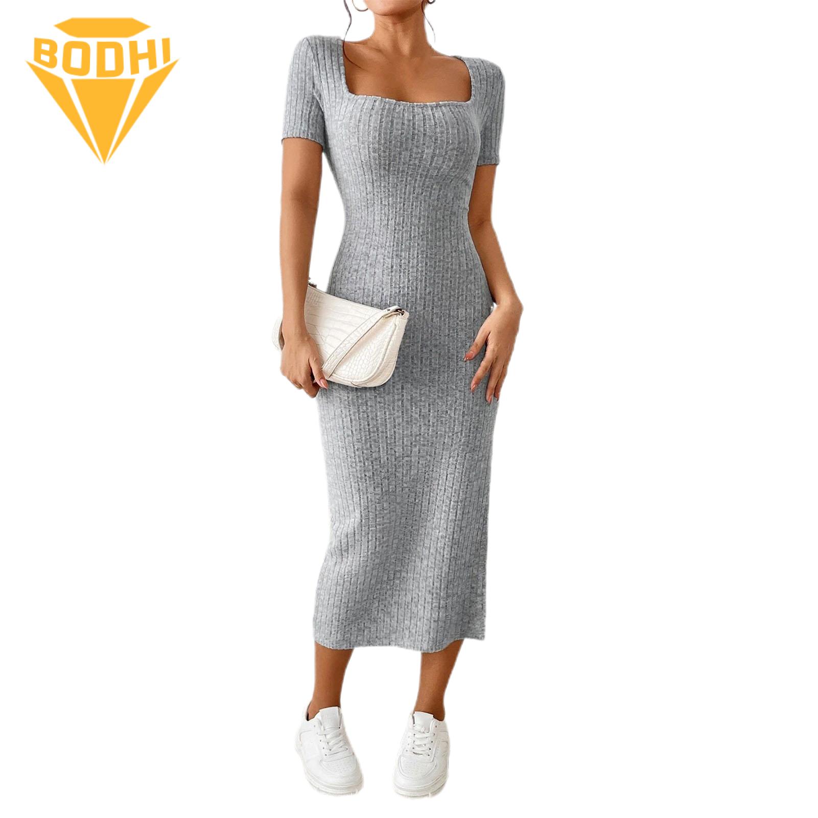 Solid Color Square Neckline Dress Square Neck Knitted Midi Dress for Women Summer Party Commute Dress Women Dress