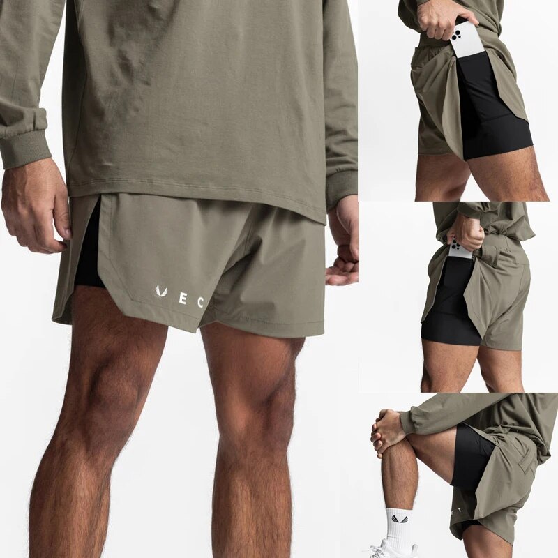 New Summer Men's Shorts 2-In-1 Double-Layer Shorts Quick-Drying Breathable Stretch Fitness Pants Jogger Gym Running Shorts