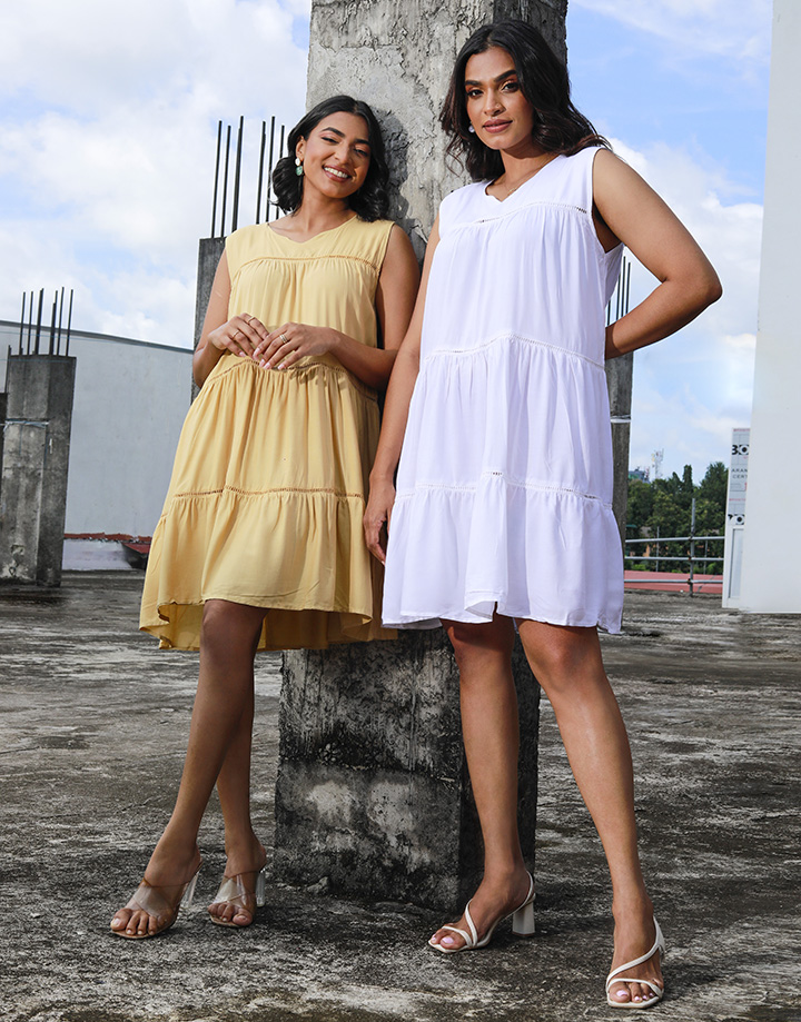 Spring & Summer Sleeveless Tiered Dress with Ladder Lace