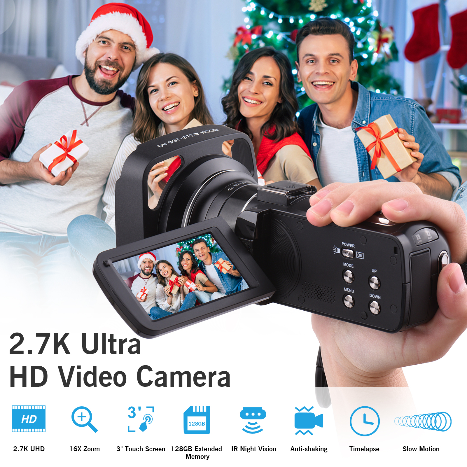 2.7K Ultra HD Digital Video Camera DV Camcorder 36MP 16X Zoom 3-inch Rotatable LCD Touch Screen IR Night Vision Motion Dectection Anti-shaking Time Lapse Slow Motion with 0.39X Wide Angle Lens Re-mote Control 2pcs Re-chargeable Batt-eries. 