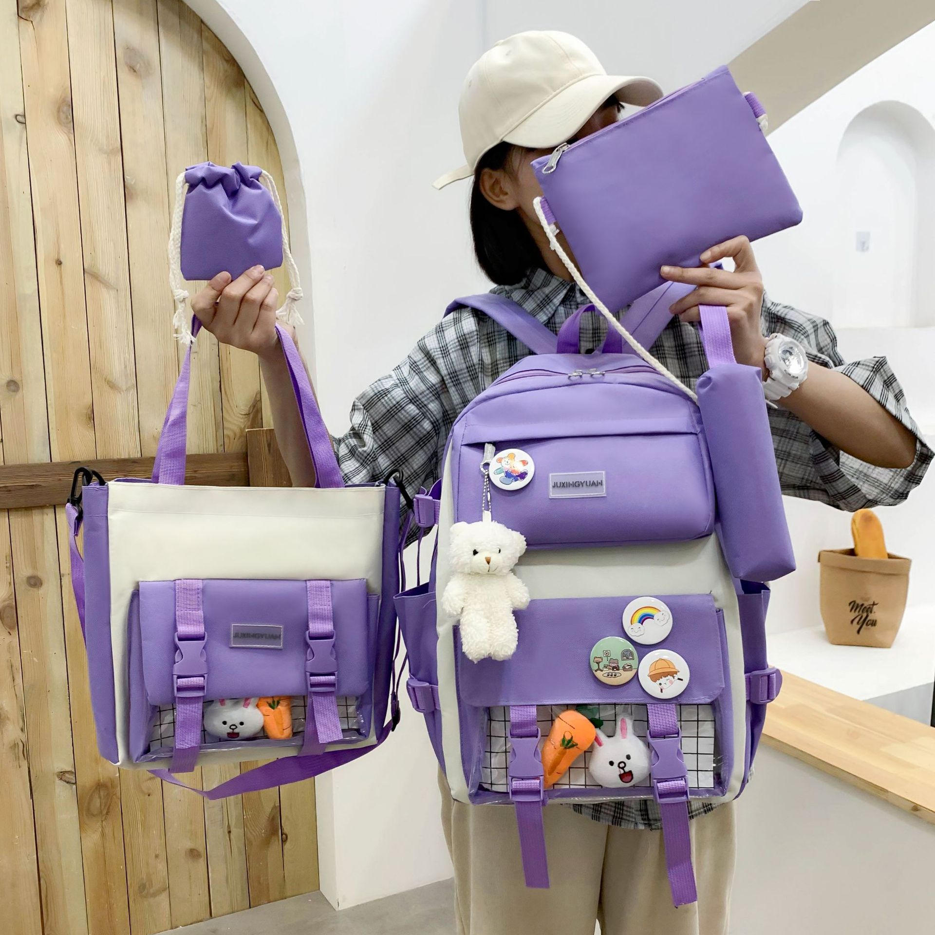 KankongAgu New Large-Capacity Primary School Junior High School Students Shoulders Backpack High School Five Sets of Multi-Compartment Fash. 