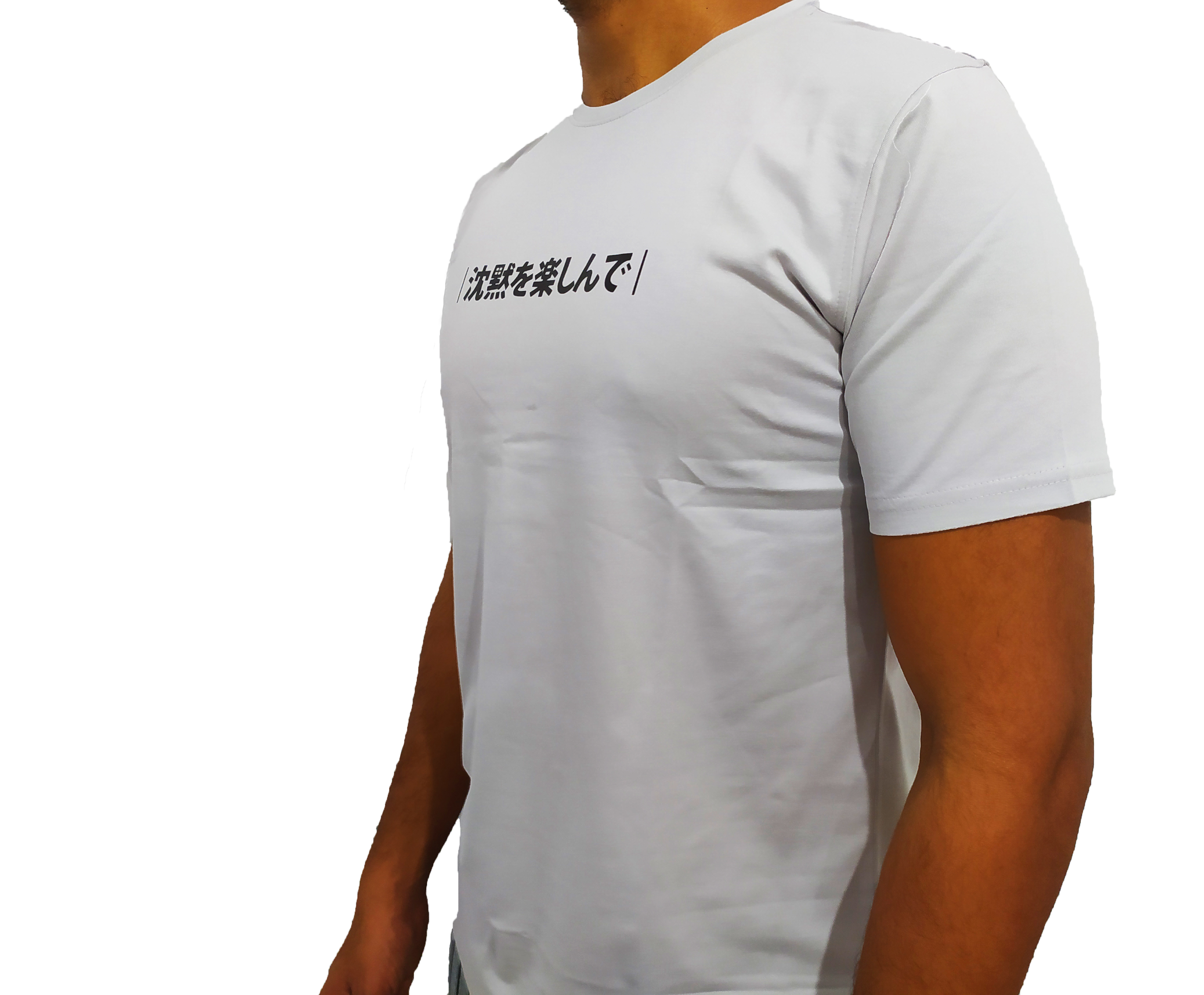 Japanese Letters Single Jersey Cotton Grey Solid Color Short Sleeve Men’s Crew Neck Collarless Stretch Comfort T Shirts. 
