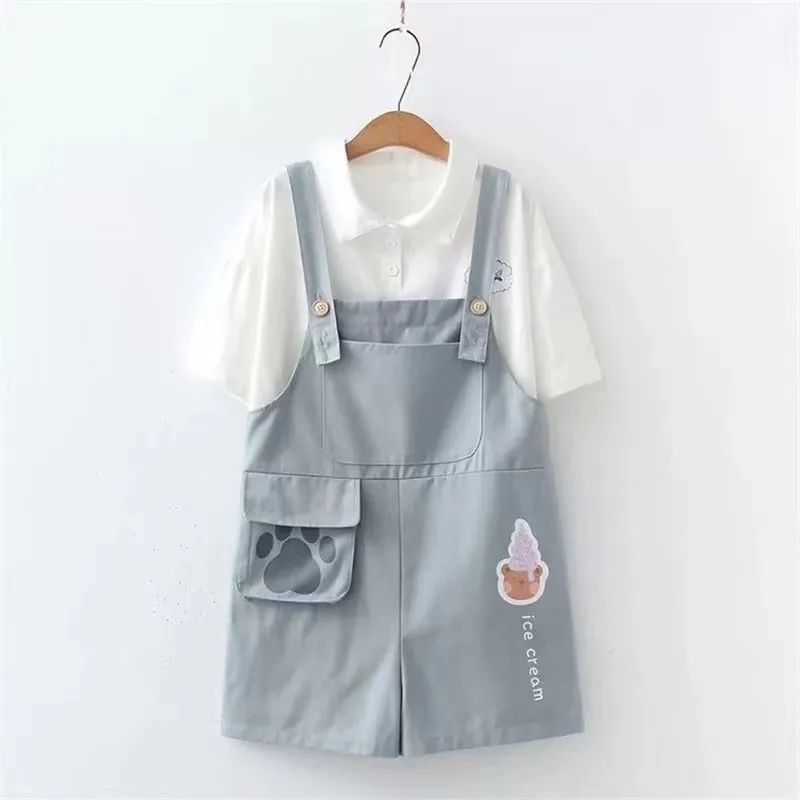 Single/Set Japanese Style Soft Girl Cute Embroidered Loose-Fitting Overalls Summer Student Fresh Casual Shorts